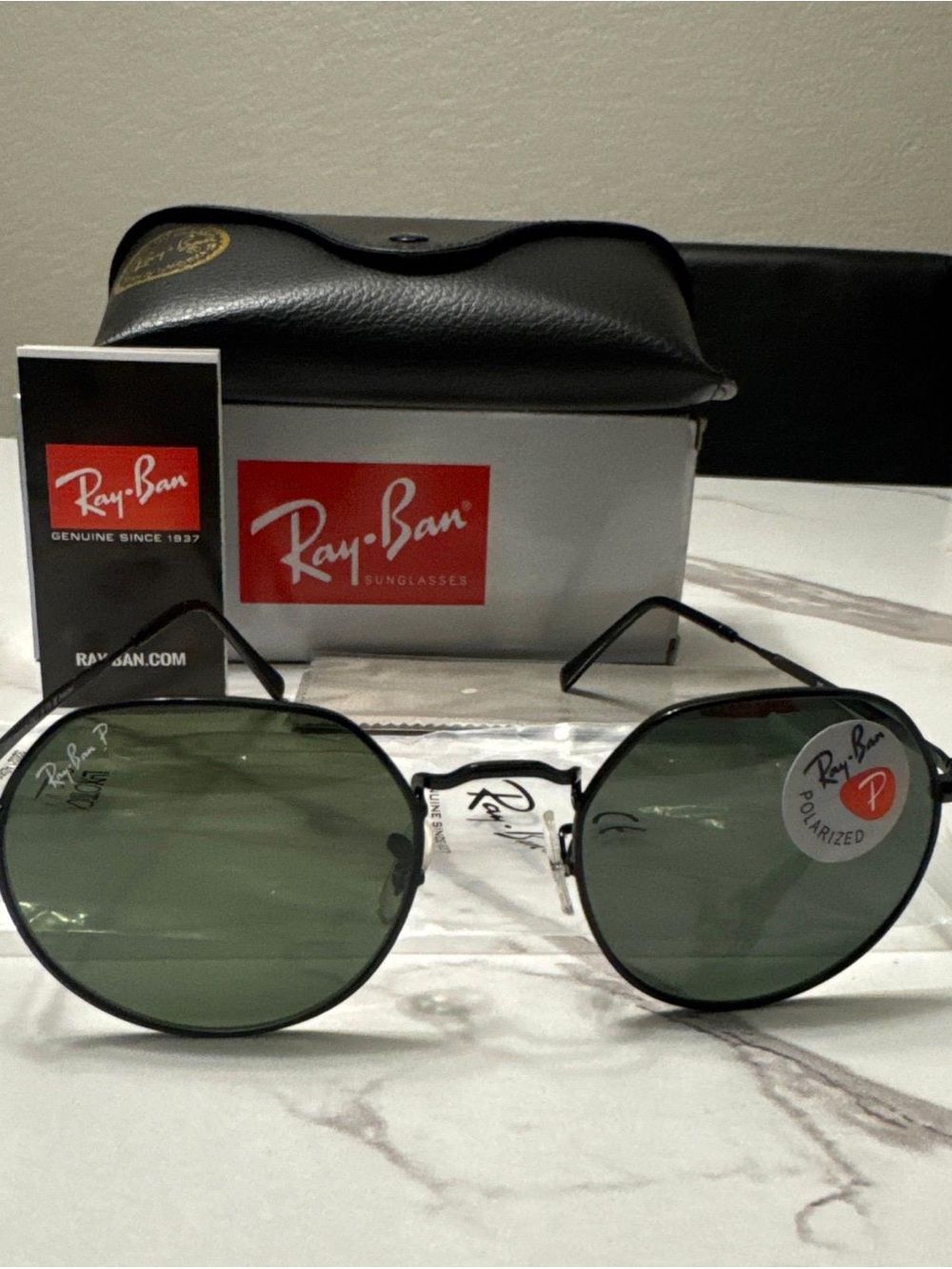 Ray-Ban Black Frame Sunglasses with Green Polarized Lenses